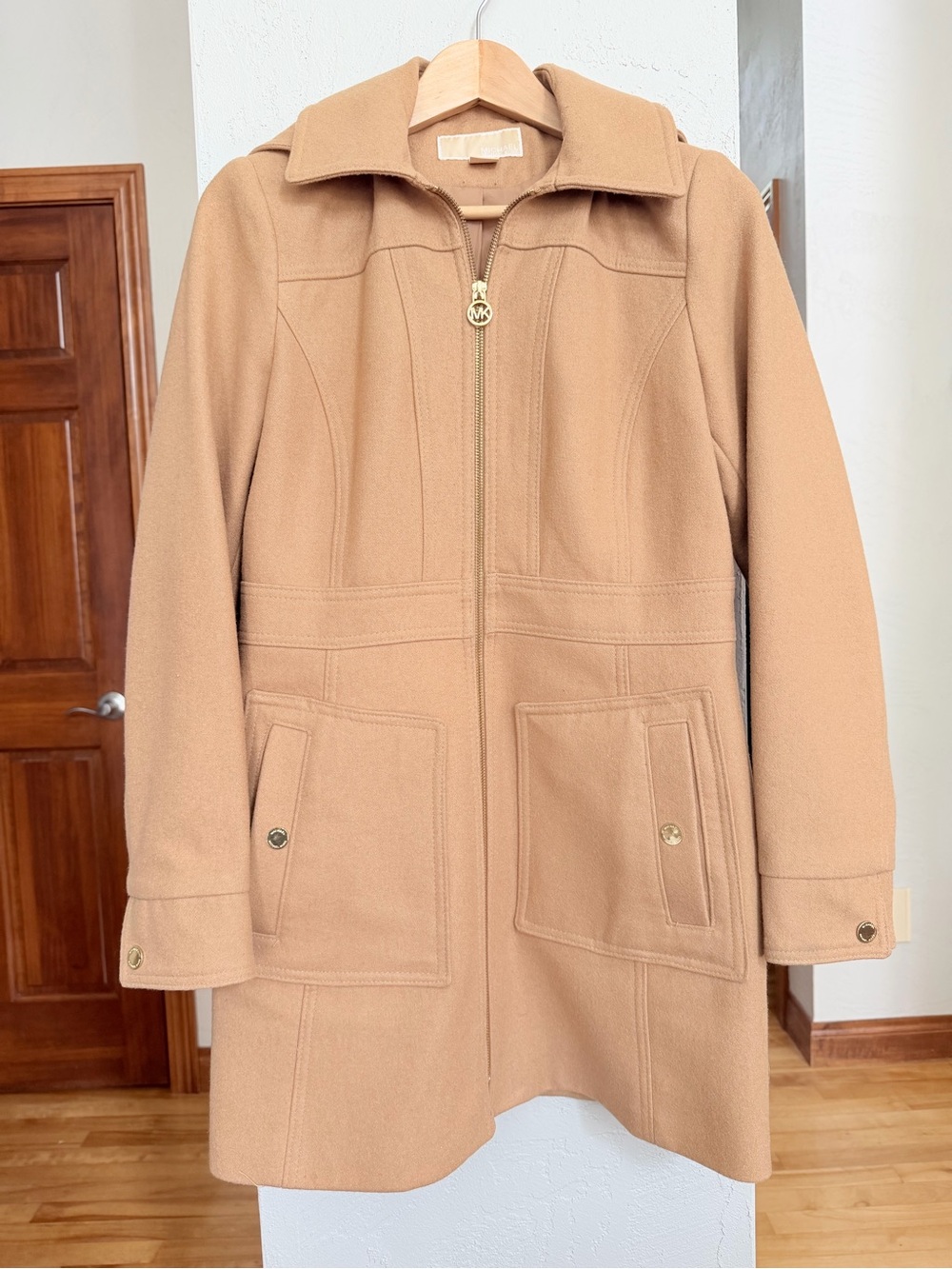 Womens Michael Kors Camel Zip-Front Wool Blend Coat